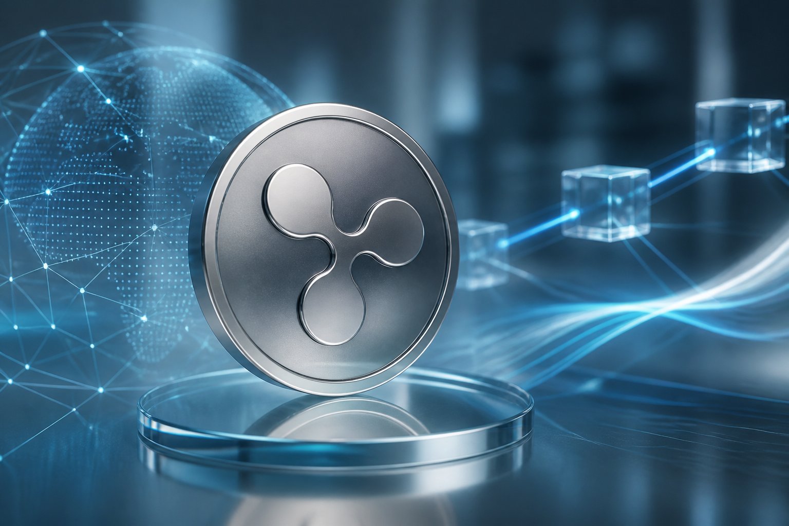 A polished digital currency token on a glass platform surrounded by glowing network connections.