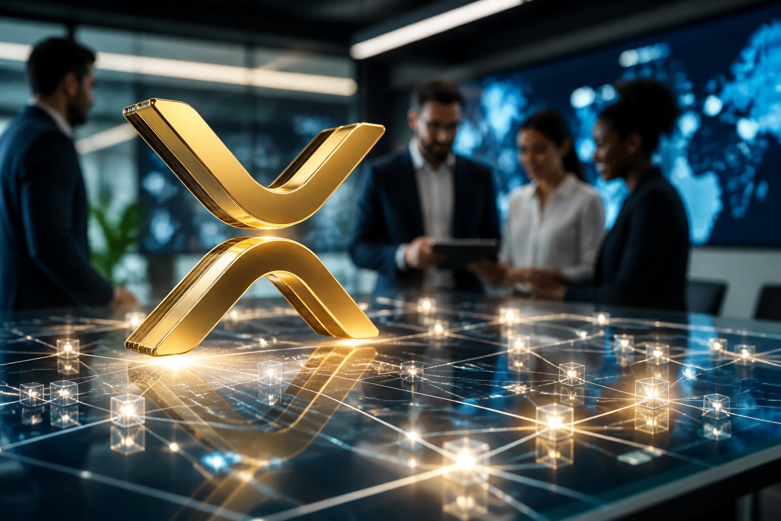 A modern financial technology workspace with a glowing abstract digital token above interconnected blockchain nodes and professionals working in the background.