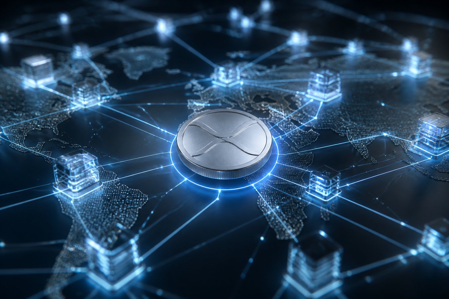 A modern digital network of connected nodes and transaction pathways surrounding a metallic cryptocurrency-inspired coin.