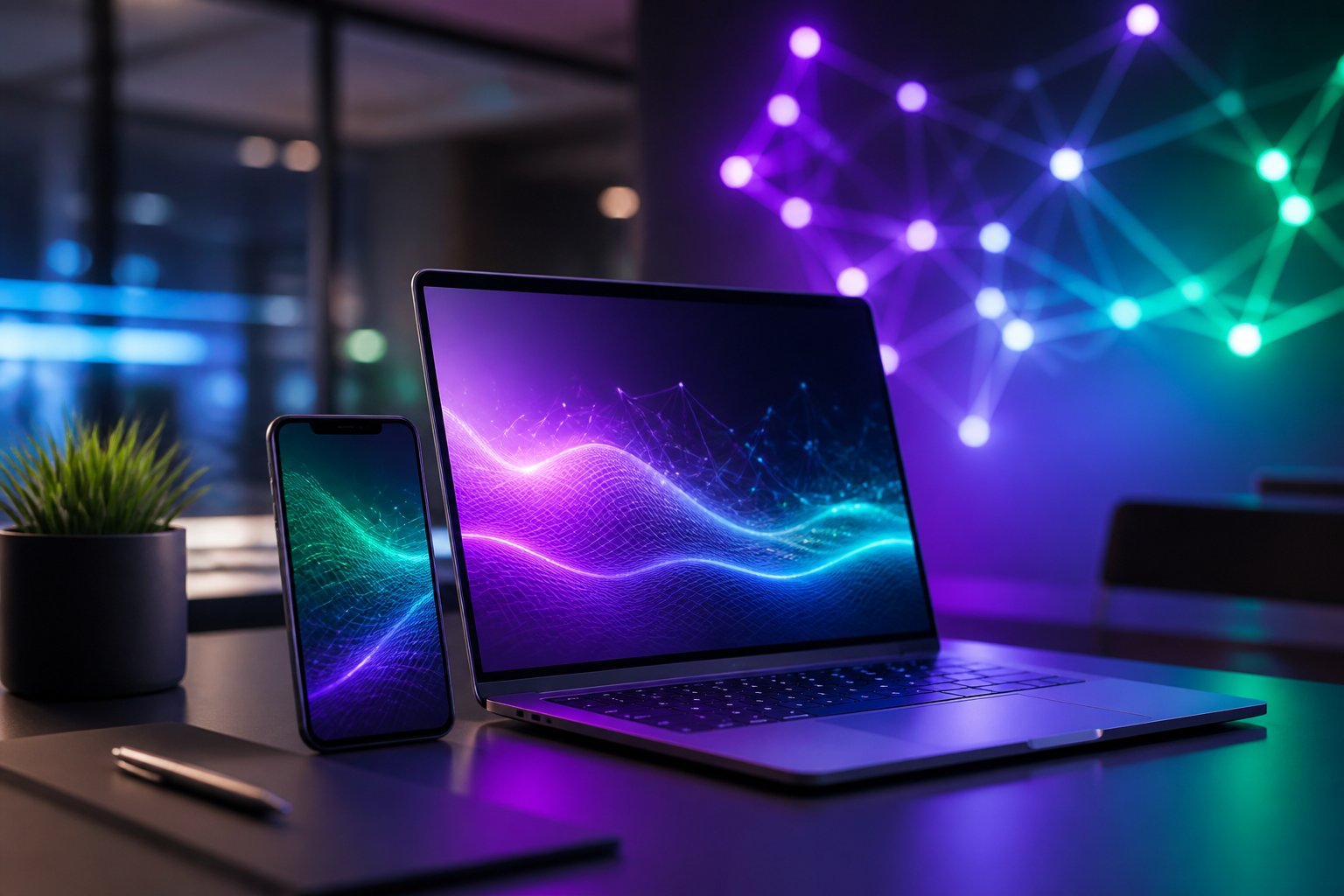 A modern workspace with digital devices and a glowing abstract network of connected nodes.