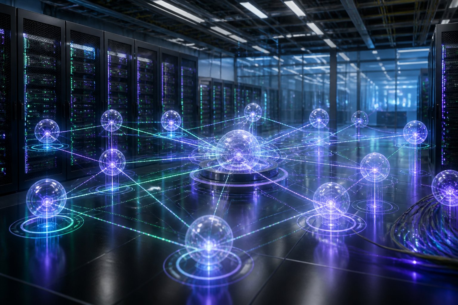 A modern data center with glowing network nodes connected by lines of light.