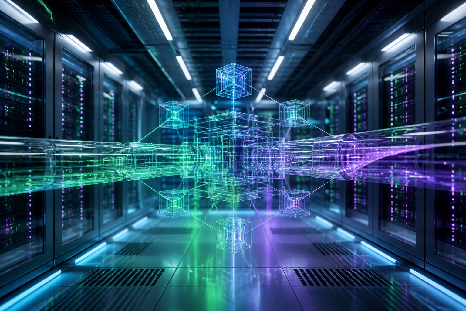 A modern data center with glowing streams of light representing a connected blockchain network.