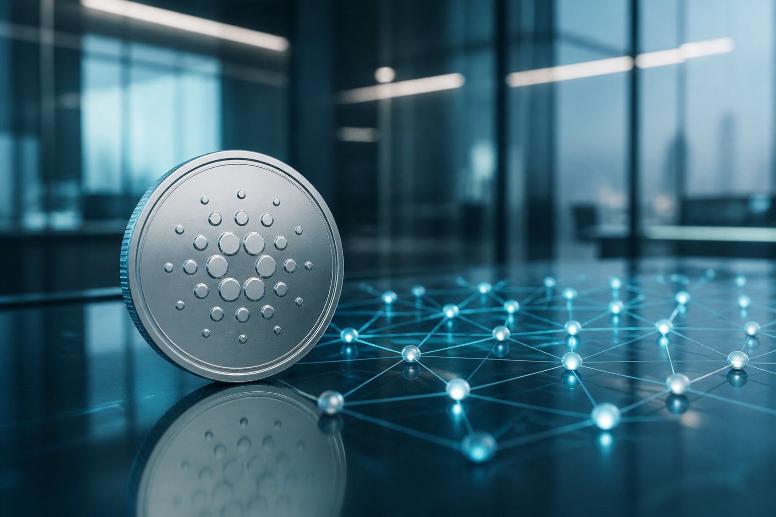 A silver cryptocurrency coin beside a glowing blue network of connected digital nodes.