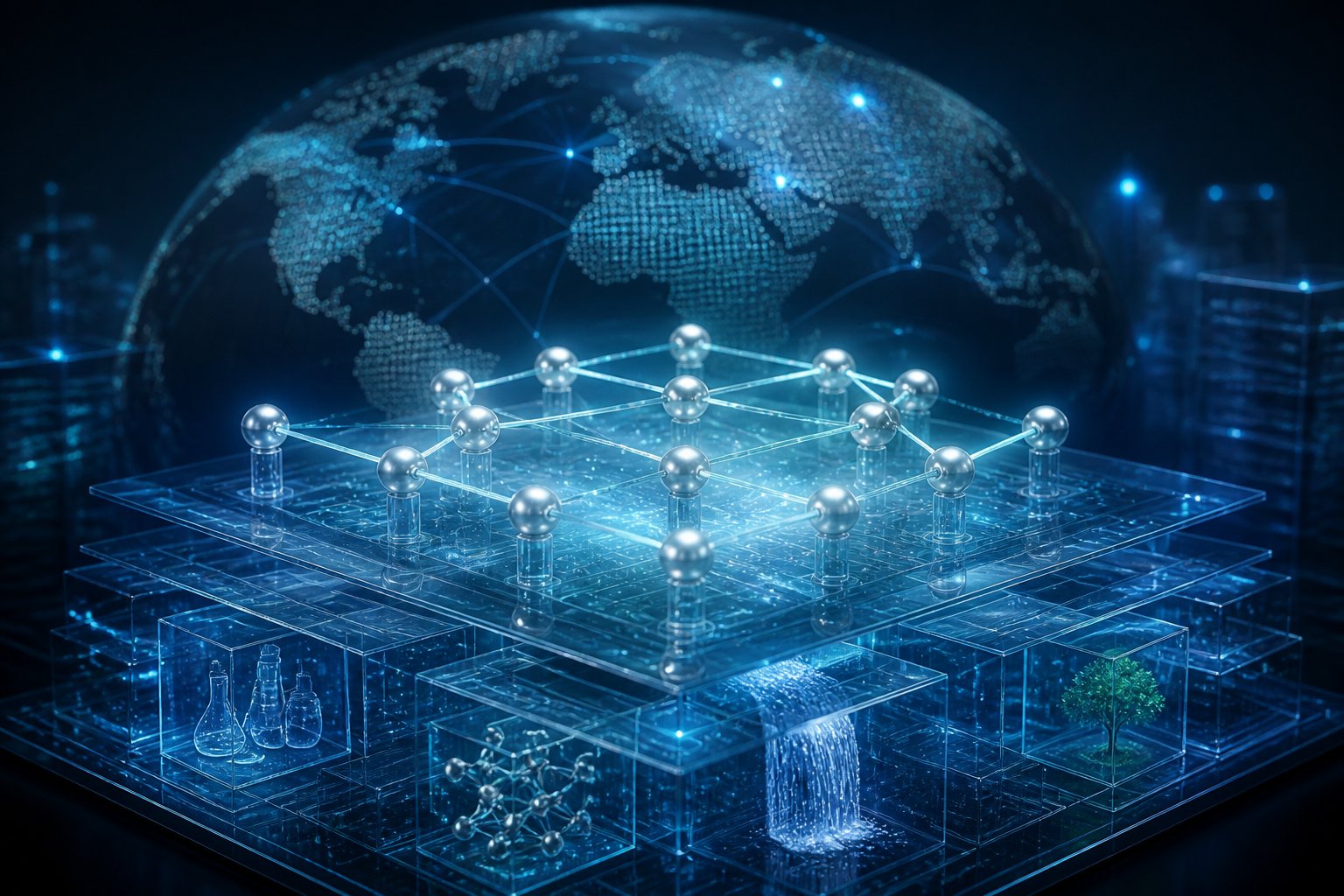 A glowing interconnected blockchain network rises from layered digital foundations beside an abstract globe.