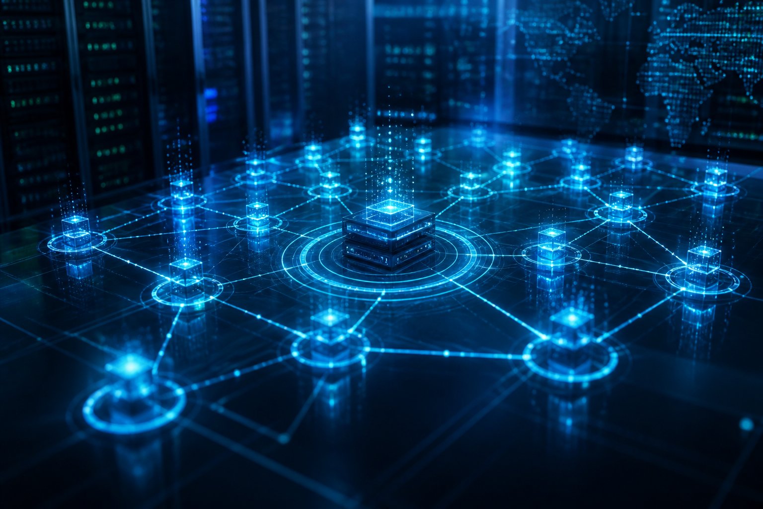 A distributed digital network of interconnected nodes and data pathways representing Cardano architecture.