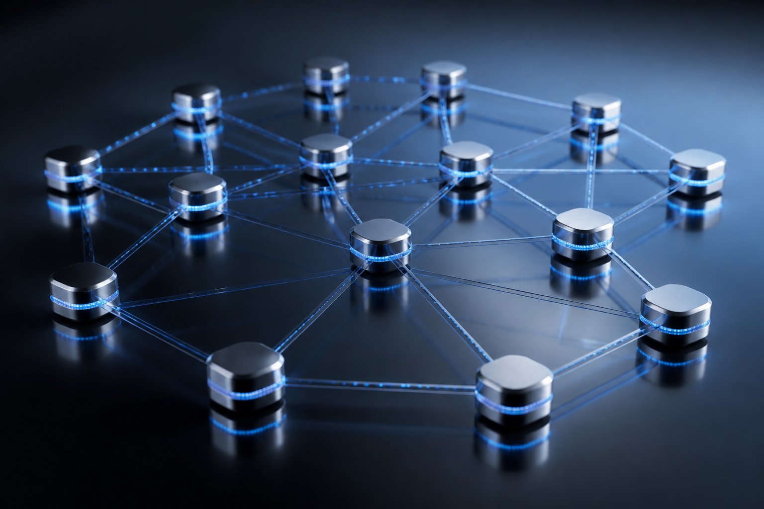 A futuristic network of interconnected metallic nodes glowing with blue light on a reflective surface.