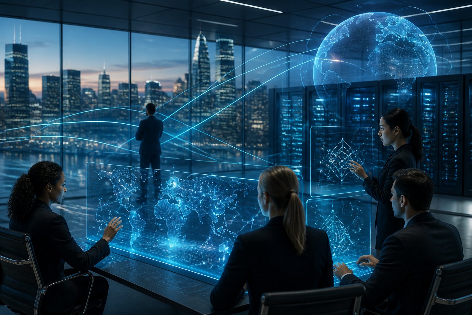Professionals monitor interconnected digital network systems in a modern technology operations center.