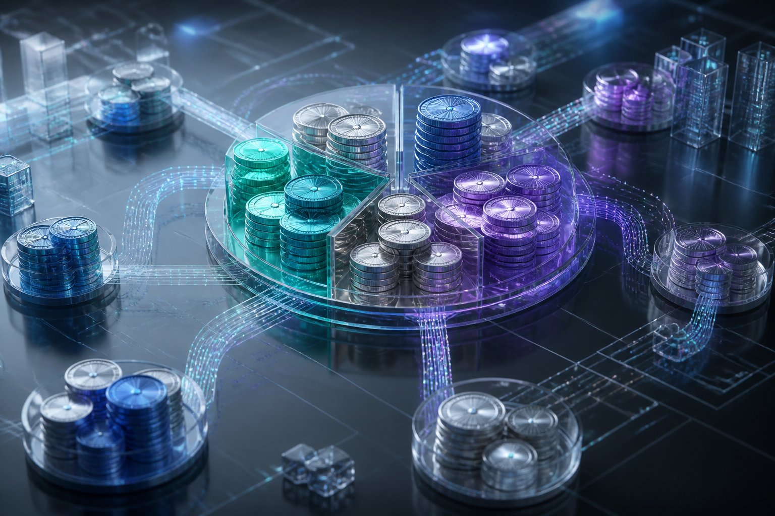 Digital tokens arranged in connected groups on a glass surface with glowing network pathways and data particles.