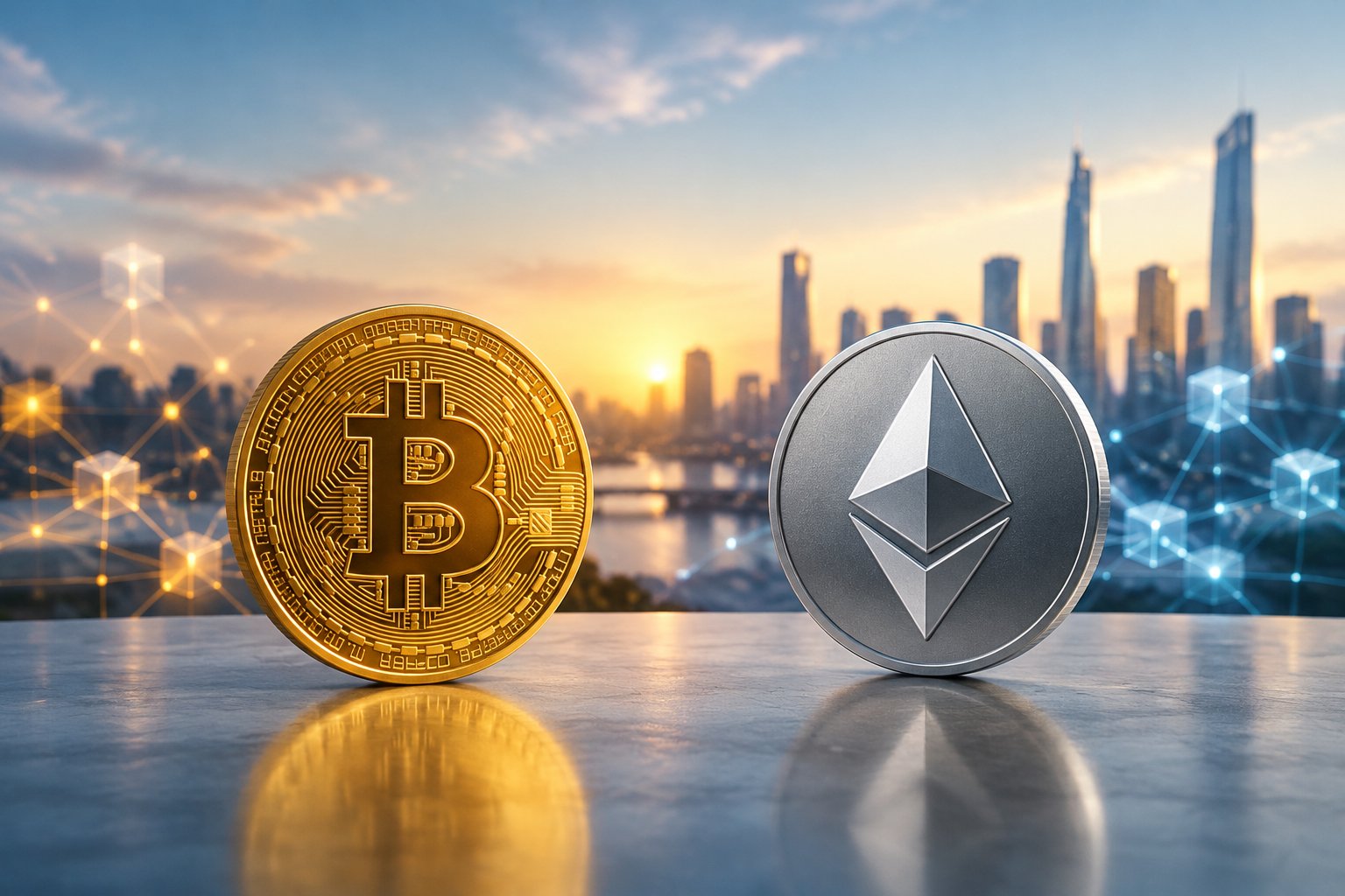 A gold Bitcoin coin and a silver Ethereum emblem displayed against a modern city skyline.