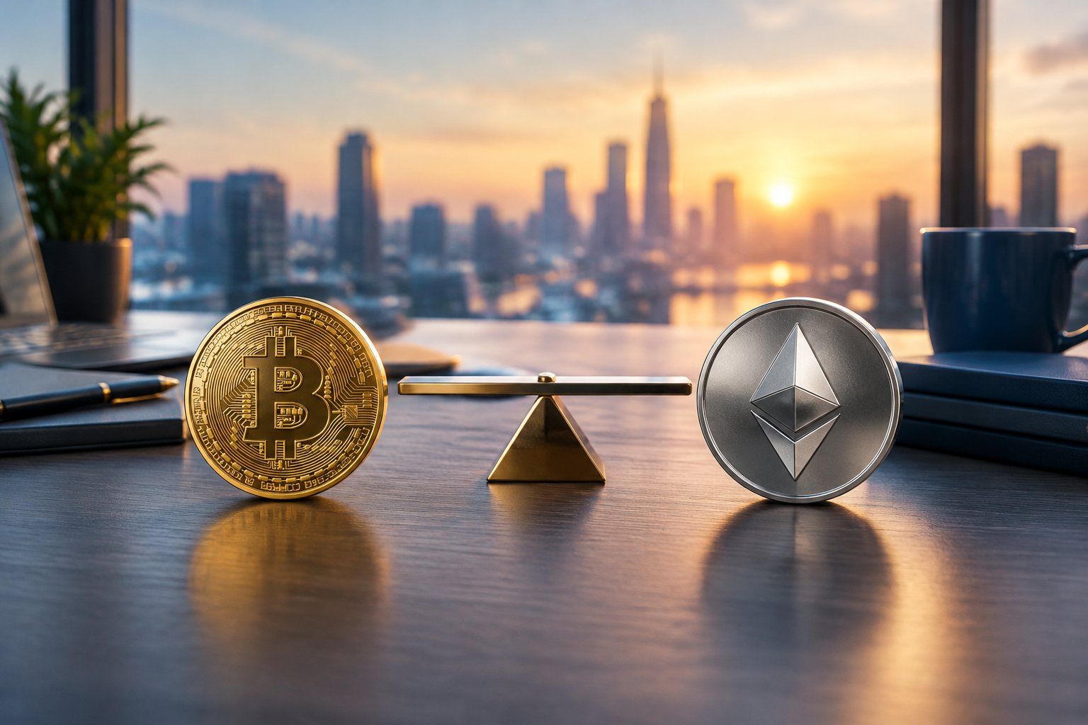 A gold Bitcoin coin and a silver Ethereum-inspired token sit side by side on a desk overlooking a city.