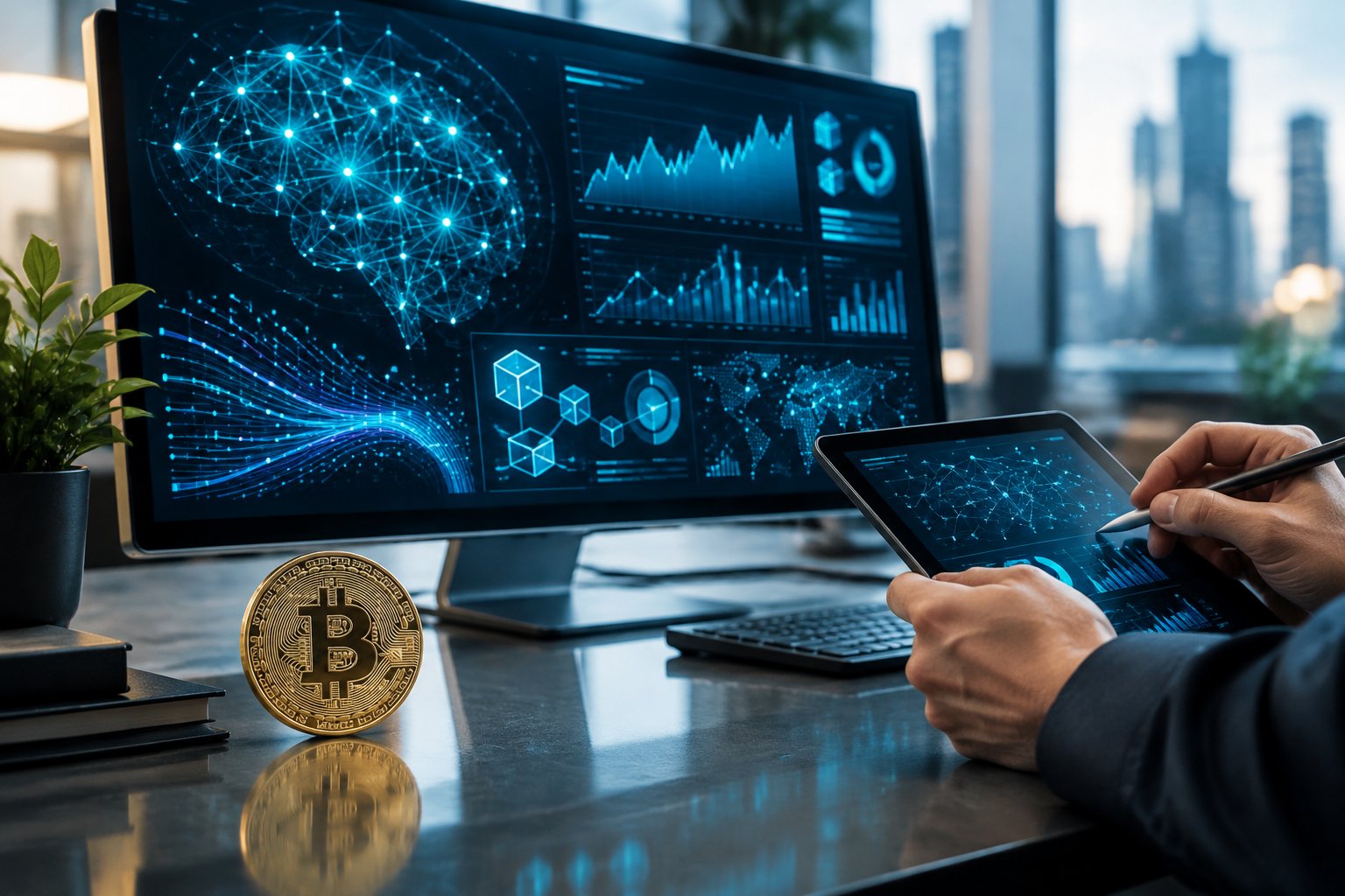 A cryptocurrency coin beside a screen displaying abstract data charts, with an analyst using a tablet.