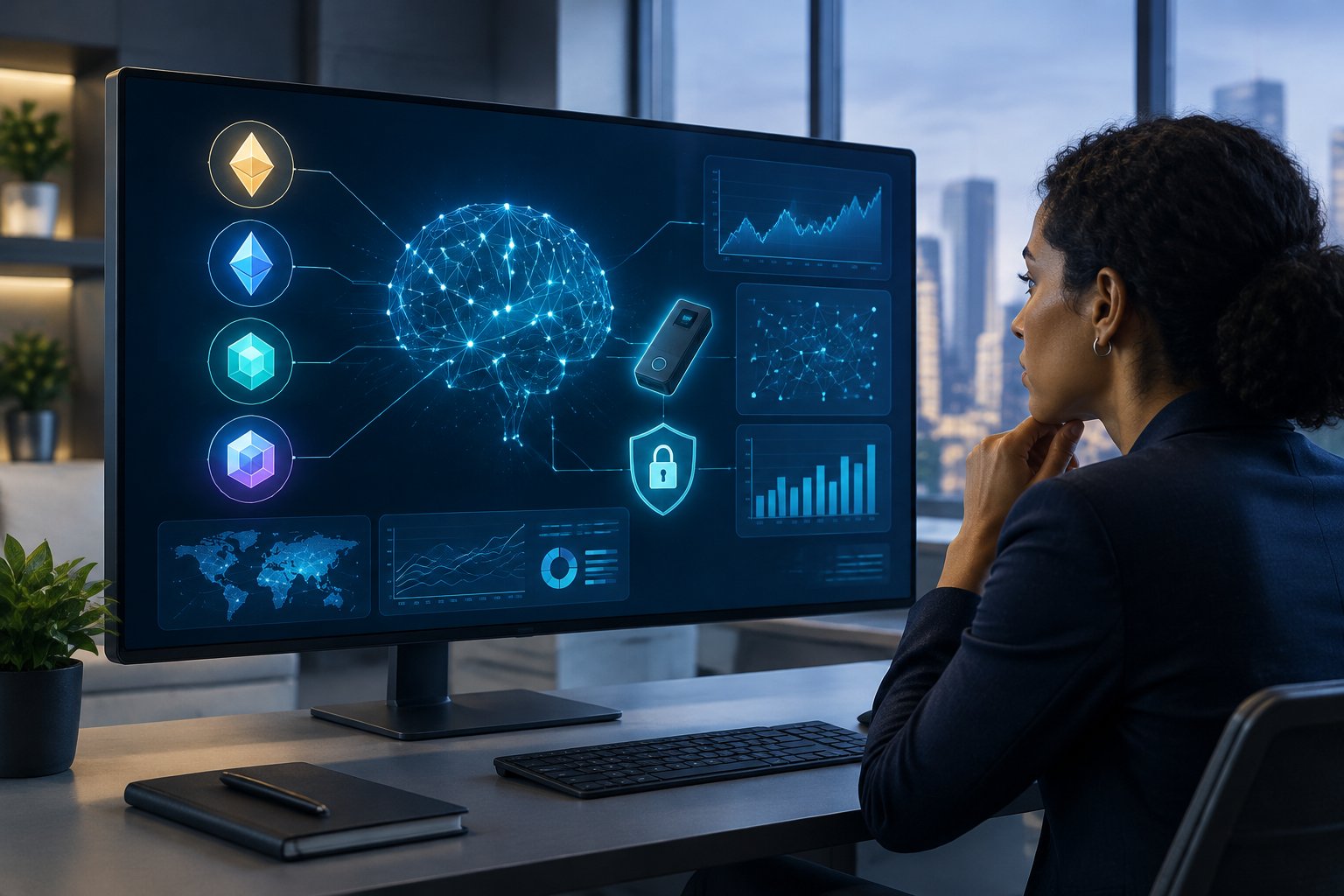A fintech professional reviews an AI-powered network connecting cryptocurrency data and digital assets.